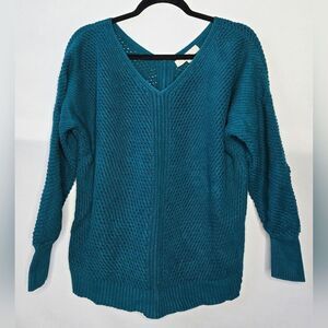 Women's Loft v-neck v-back, sweater blue green teal Sz Small coastal normcore